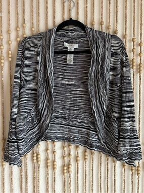 Nine West Black White Striped Knit Open Front Bell Sleeve Cardigan Sweater Y2K